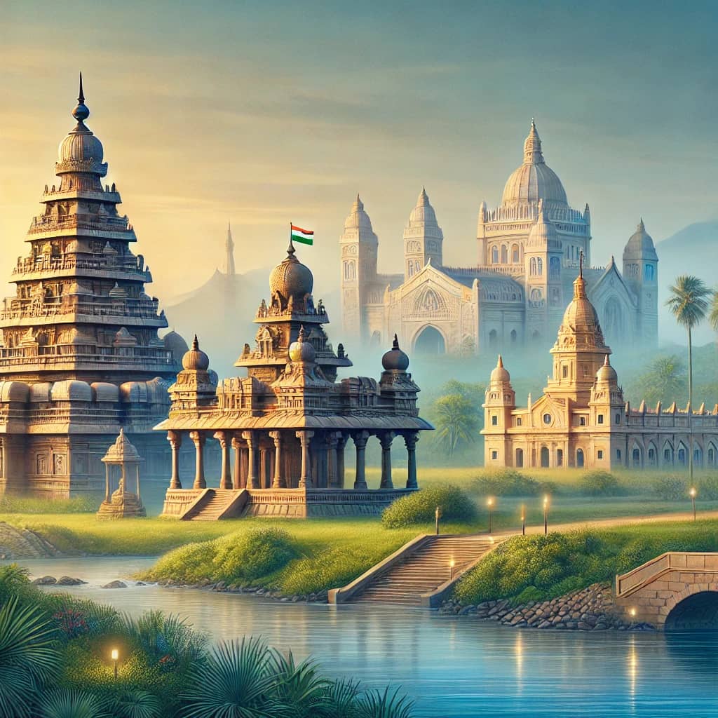 DALL·E 2024-12-10 05.10.16 - A serene scene depicting the best historical monuments near Chennai, India. The artwork features iconic landmarks such as the Shore Temple of Mahabali-min (1)